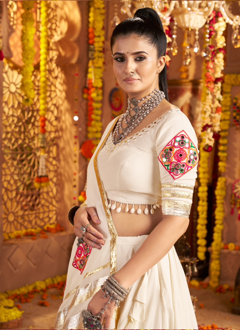 Off-White Mirror Embroidered Chaniya Choli With Dupatta For Indian Festival And Garba Nights
