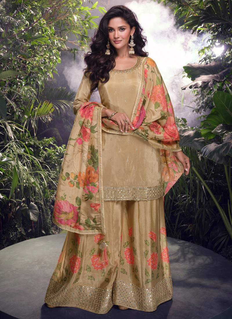 Buy Online Golden Chinnon Silk Sharara Suit with Floral Dupatta 