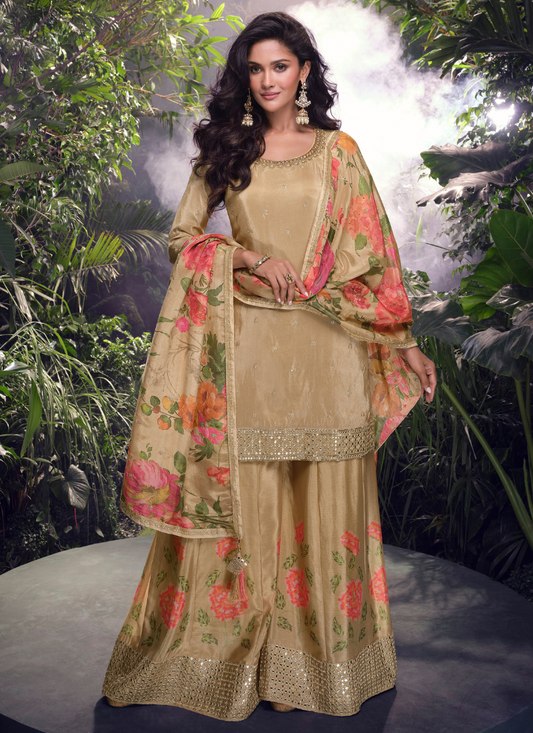 Buy Online Golden Chinnon Silk Sharara Suit with Floral Dupatta 