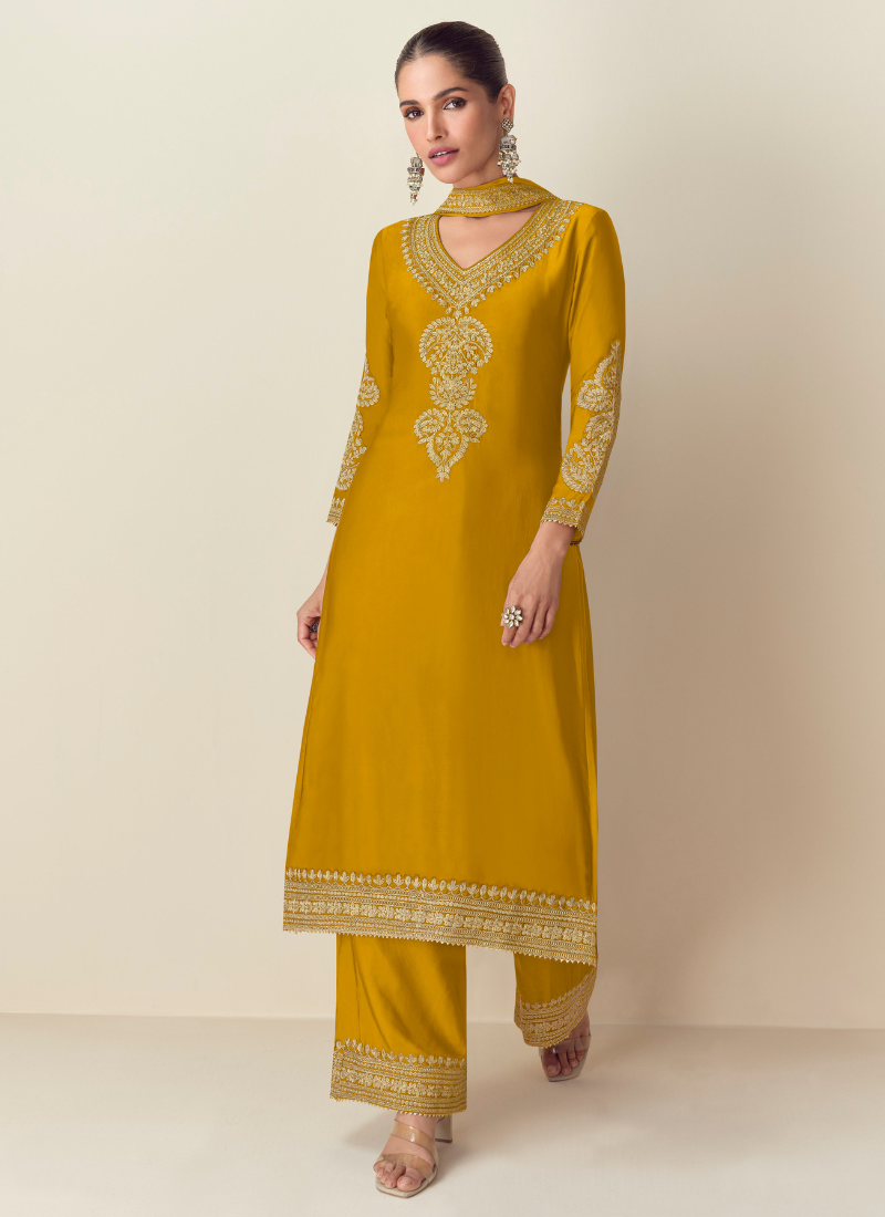 Buy Yellow Chinnon Silk Embroidered Straight Suit with Dupatta 