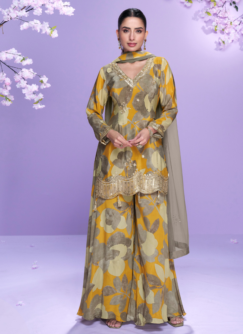 Yellow and Grey Chinon Silk Palazzo Suit For Indian Wedding and Pakistani Festival