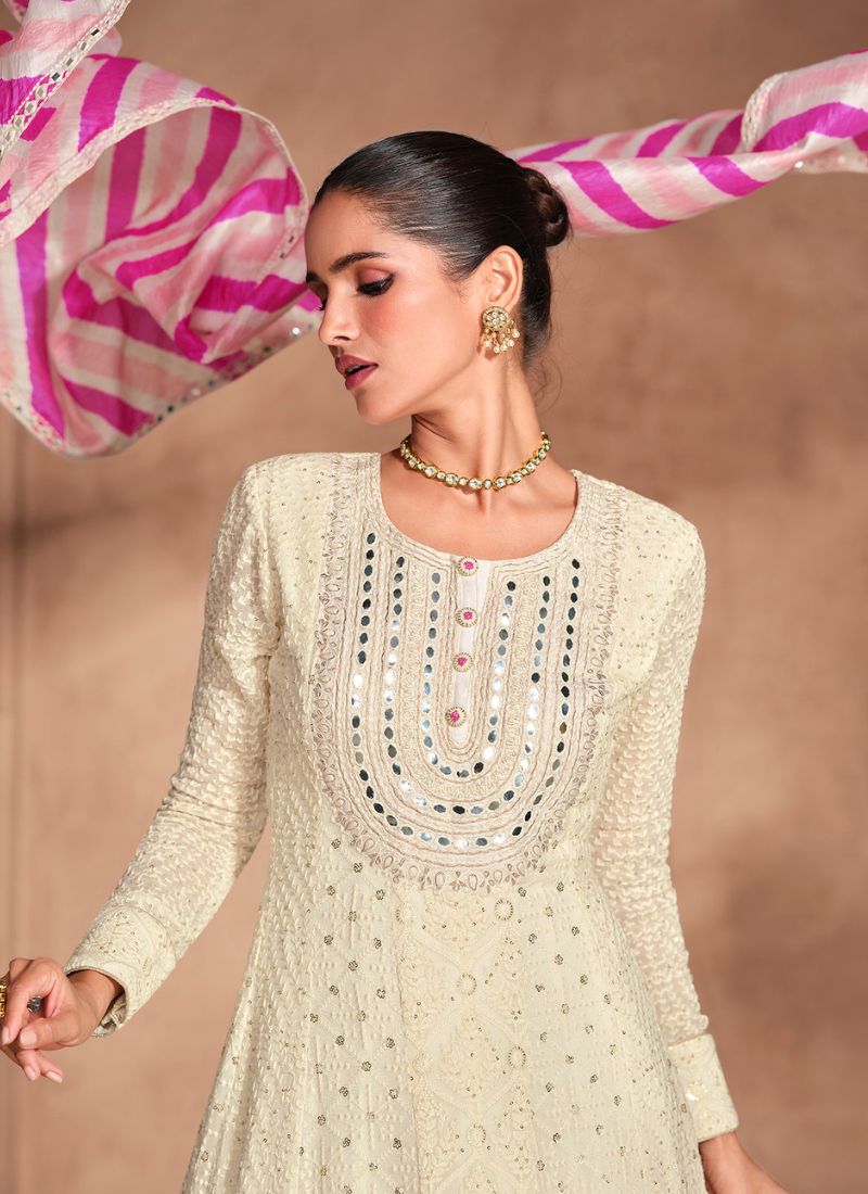 Off White Chikankari Embroidered Anarkali Gown with Striped Dupatta – Perfect for Indian and Pakistani Wedding