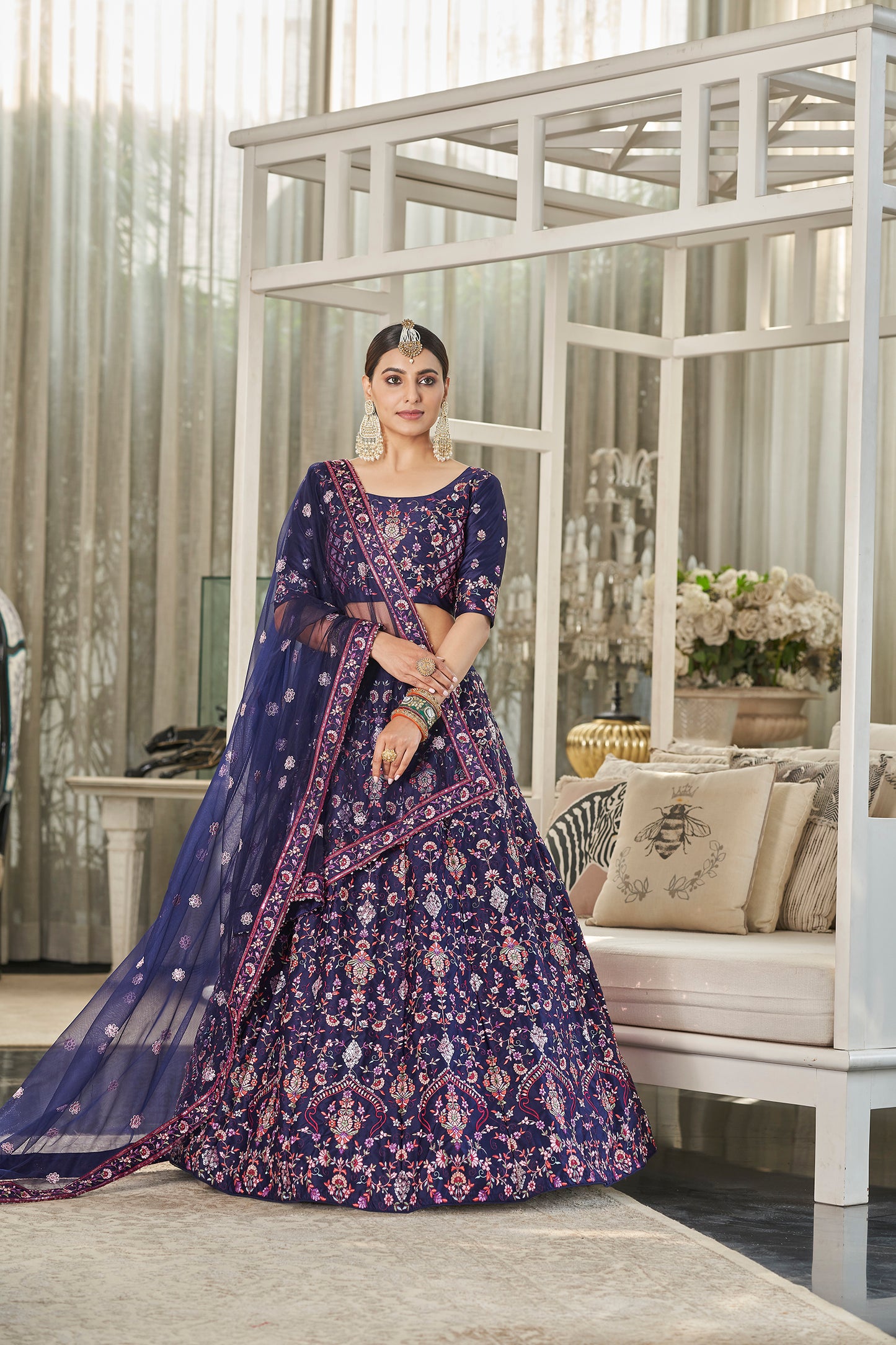 Navy Silk Thread With Multi Sequince Embroidered Lehenga Choli