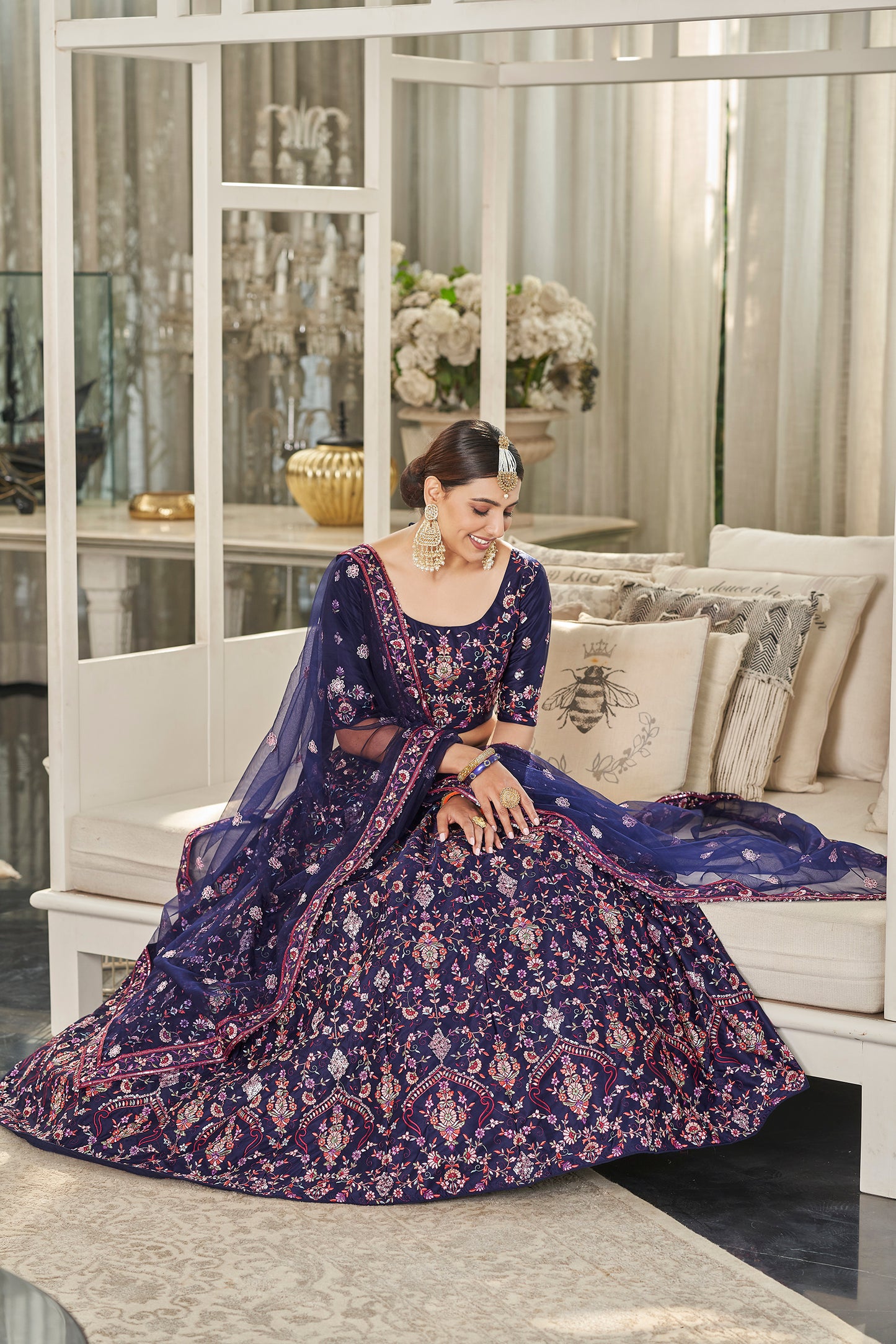 Navy Silk Thread With Multi Sequince Embroidered Lehenga Choli