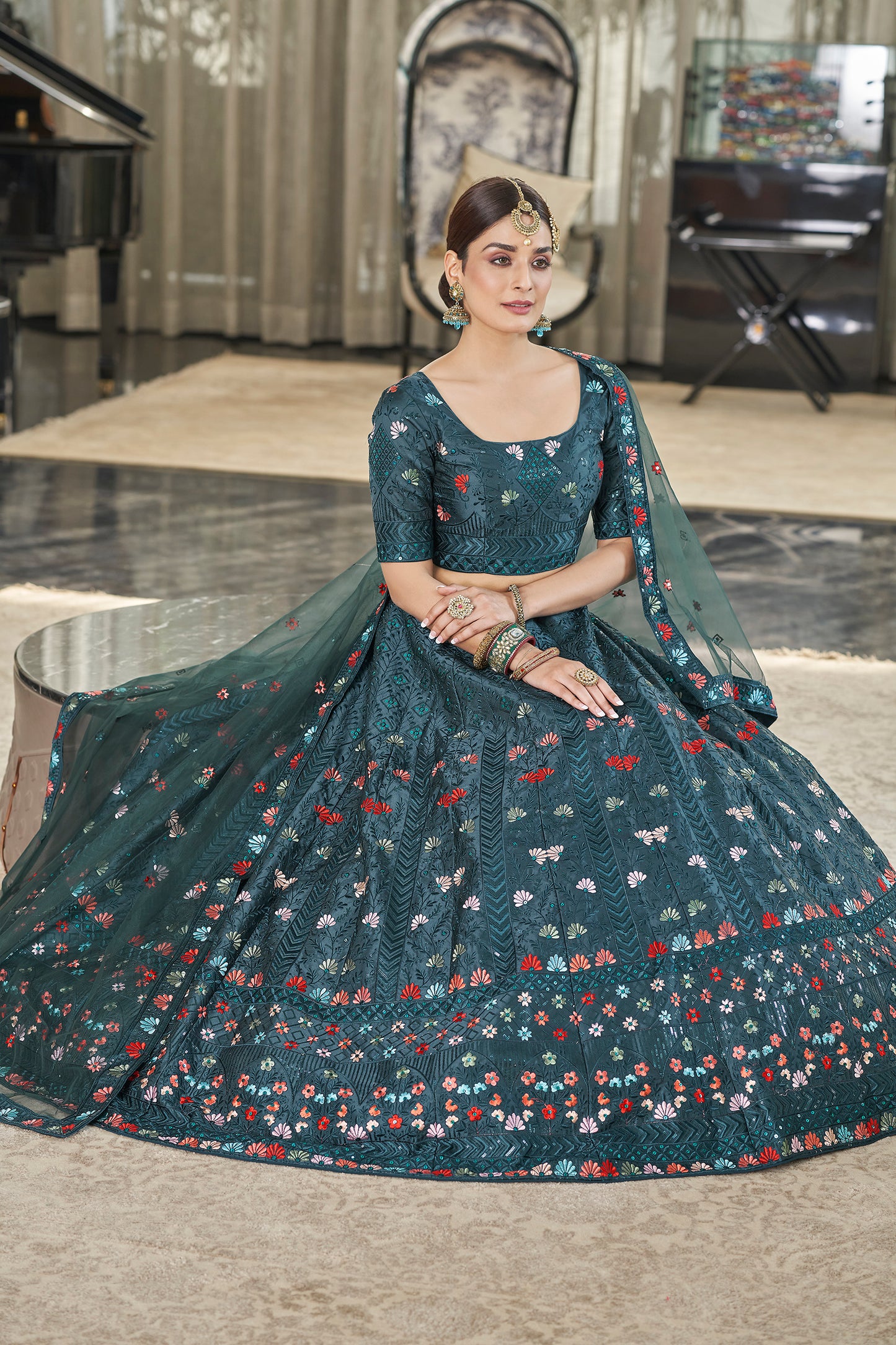 Teal Green Silk Thread With Multi Sequince Embroidered Lehenga Choli