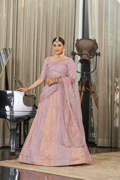 Peach Multi Color Thread With Sequince Embroidered Lehenga Choli