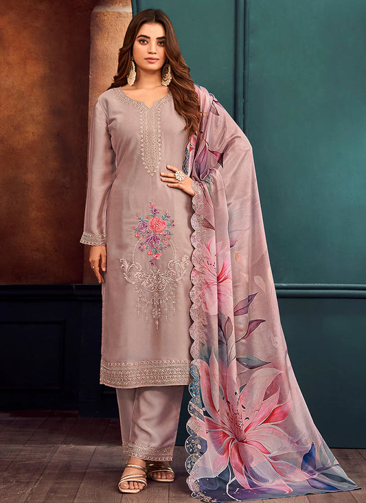 Lilac Purple Thread Work Georgette Suit with Matching Pants