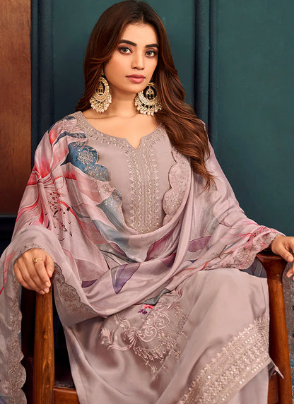 Lilac Purple Thread Work Georgette Suit with Matching Pants