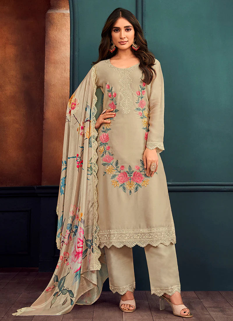 Beige Thread Work Georgette Suit with Matching Pants