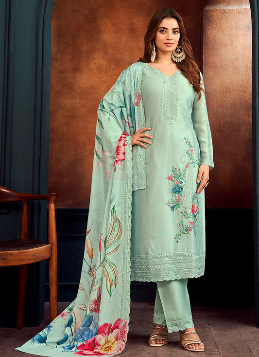 Green Thread Work Georgette Suit with Matching Pants