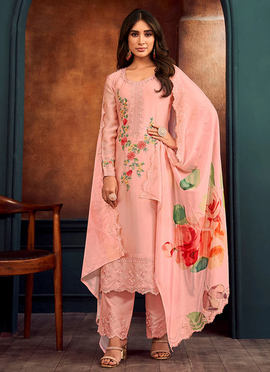 Peach Thread Work Georgette Suit with Matching Pants