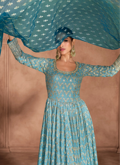 Designer Blue Georgette Anarkali Gown with Dupatta for Indian Festivals & Pakistani Weddings