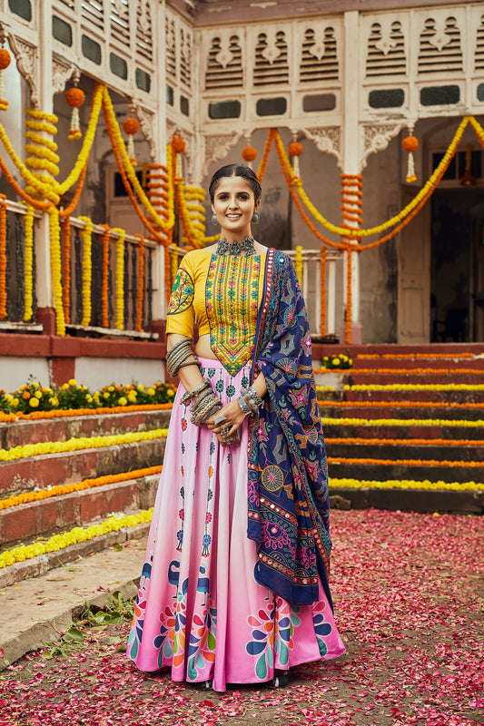 Yellow and pink multicolored Kutchi embroidered chaniya choli