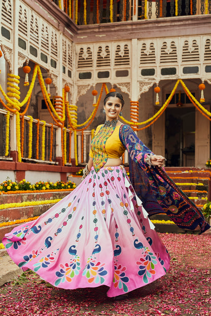 Yellow and pink multicolored Kutchi embroidered chaniya choli