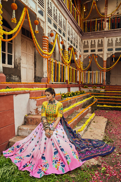 Yellow and pink multicolored Kutchi embroidered chaniya choli