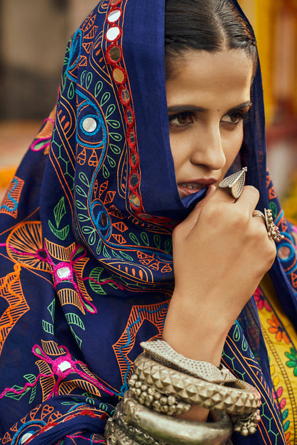 Yellow and pink multicolored Kutchi embroidered chaniya choli