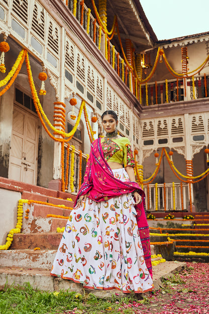 Neon white multicolored Kutchi embroidered chaniya choli