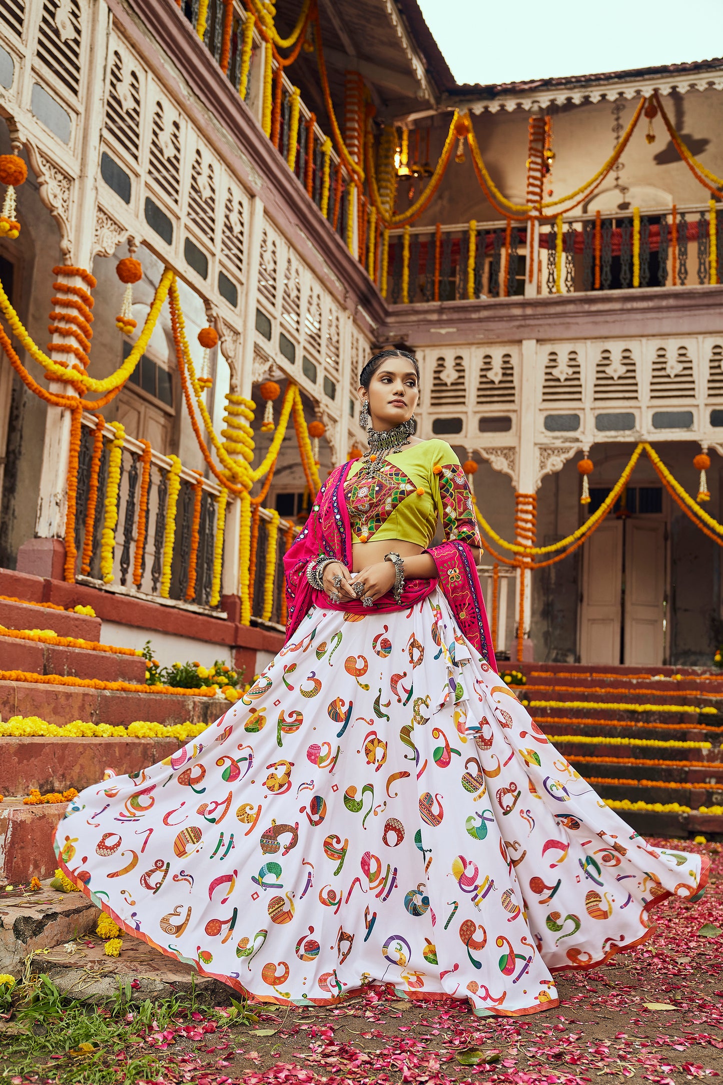 Neon white multicolored Kutchi embroidered chaniya choli