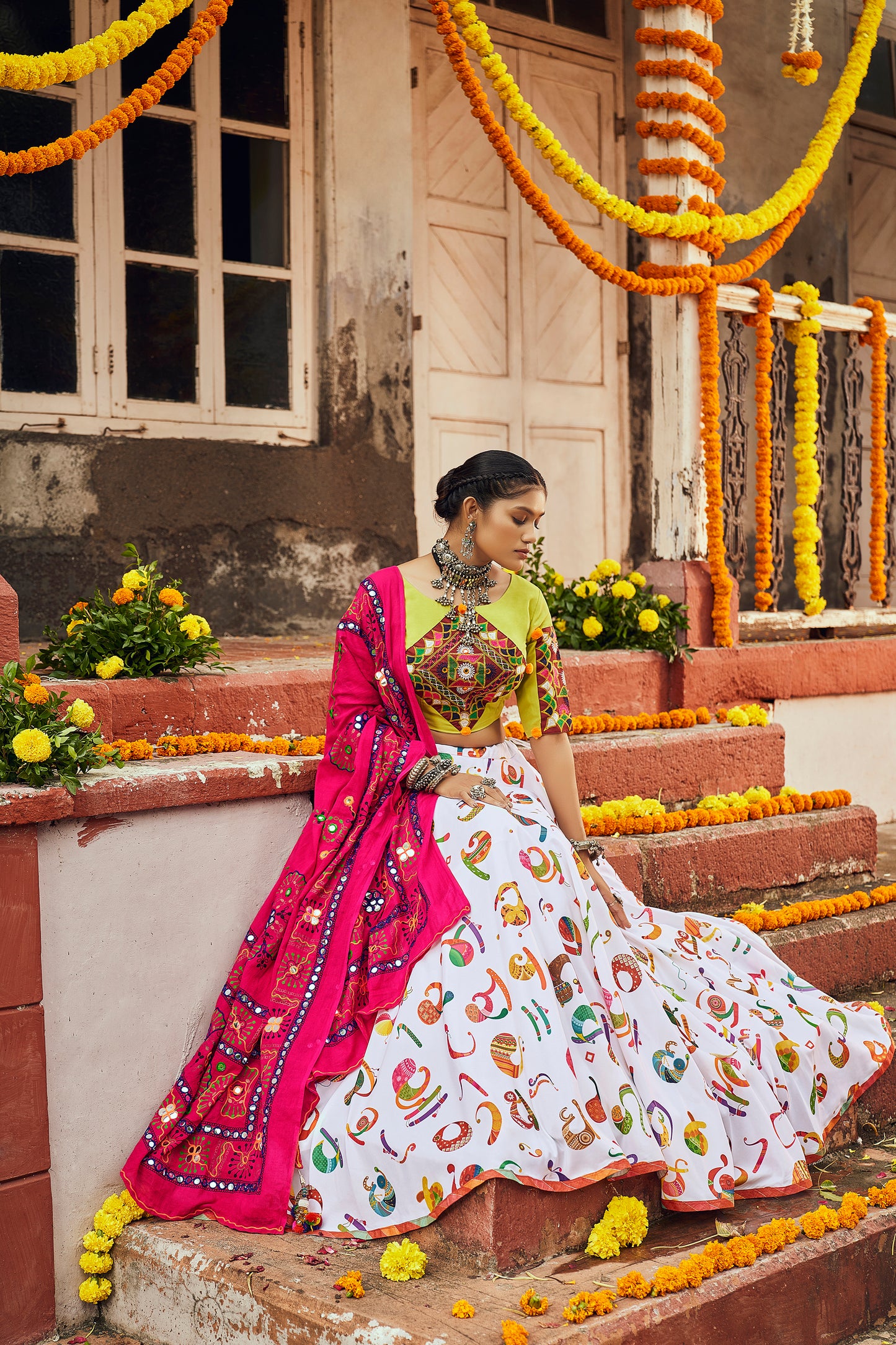 Neon white multicolored Kutchi embroidered chaniya choli