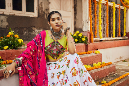 Neon white multicolored Kutchi embroidered chaniya choli