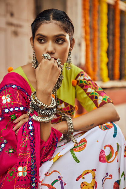 Neon white multicolored Kutchi embroidered chaniya choli