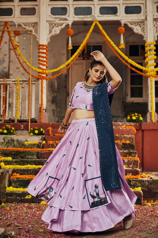 Pink and blue digital embroidered chaniya choli