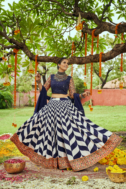 Blue and orange Kutchi embroidered chaniya choli