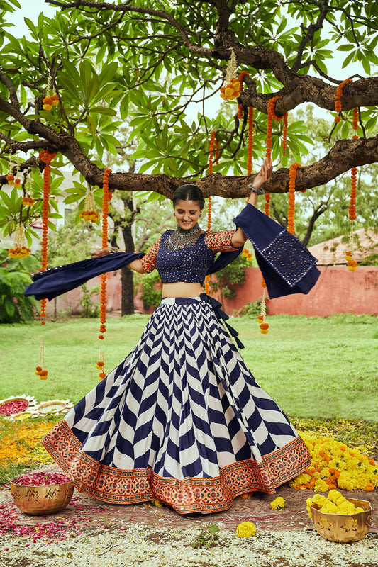 Blue and orange Kutchi embroidered chaniya choli