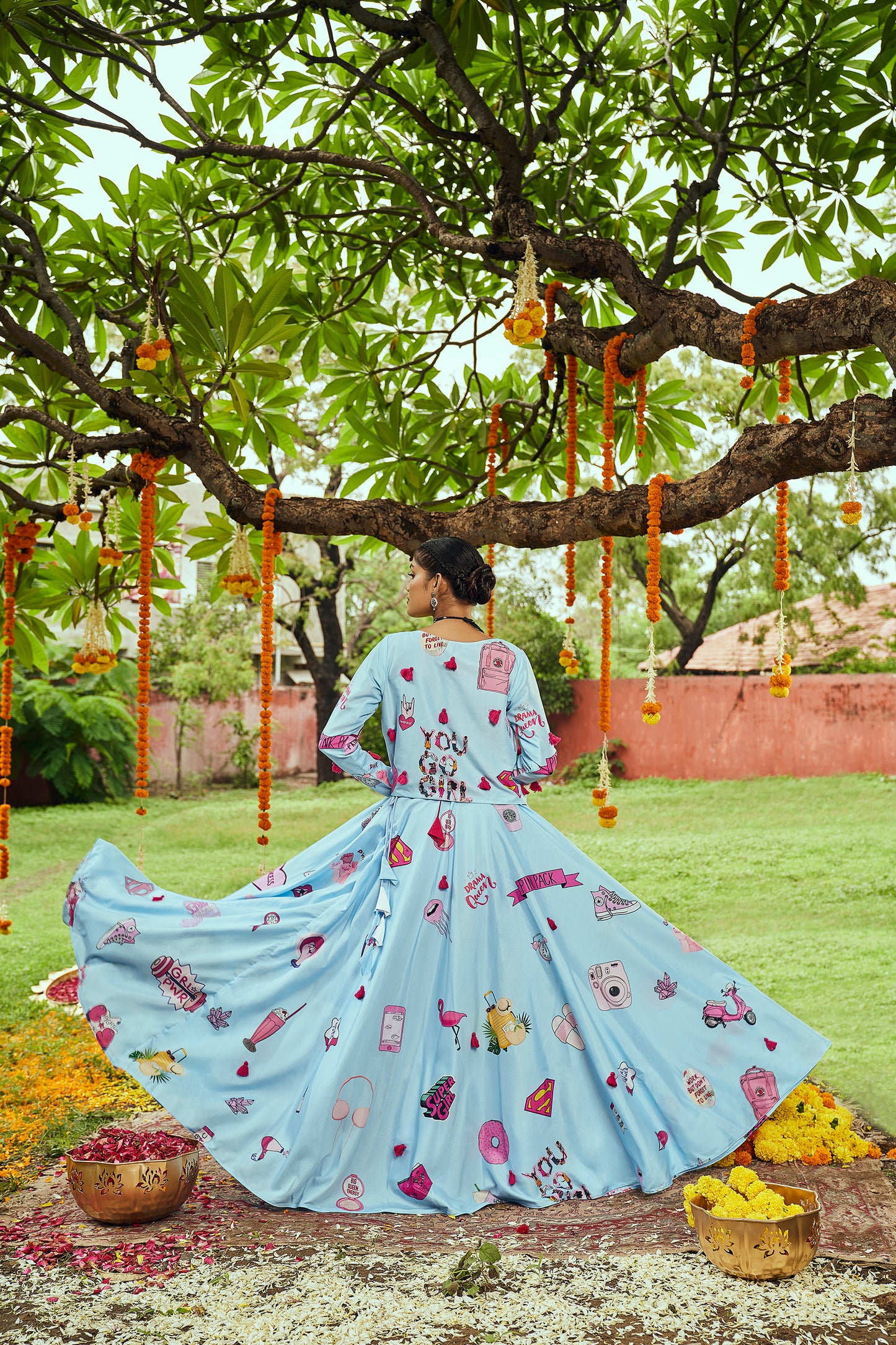 Blue and pink digital embroidered chaniya choli with jacket