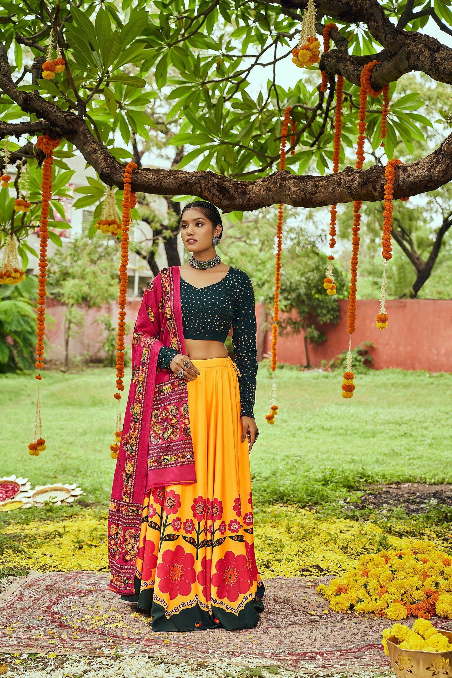 Green and yellow multicolored Kutchi embroidered chaniya choli