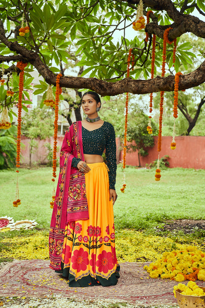 Green and yellow multicolored Kutchi embroidered chaniya choli