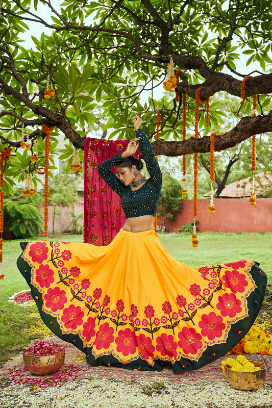 Green and yellow multicolored Kutchi embroidered chaniya choli