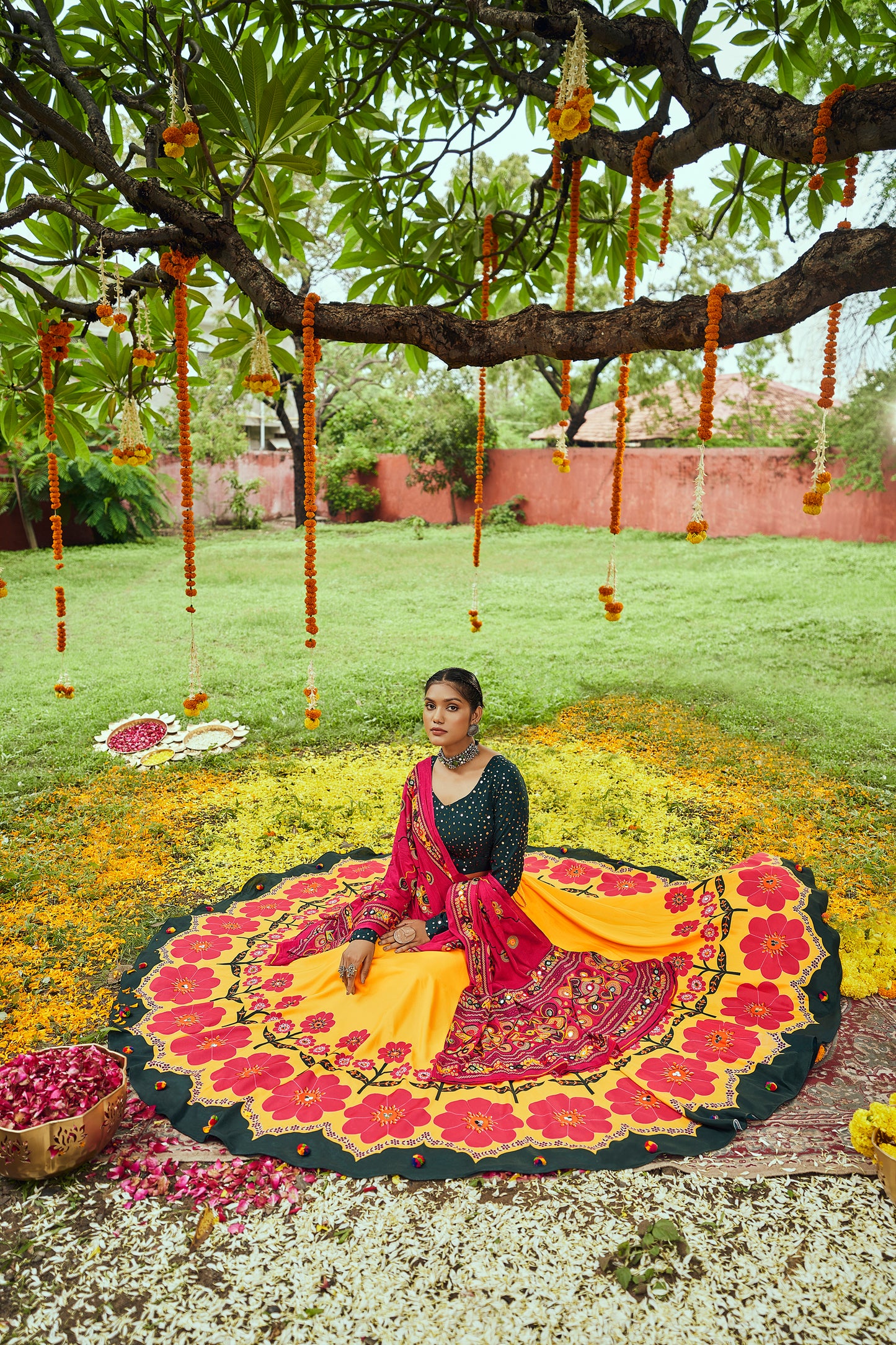 Green and yellow multicolored Kutchi embroidered chaniya choli