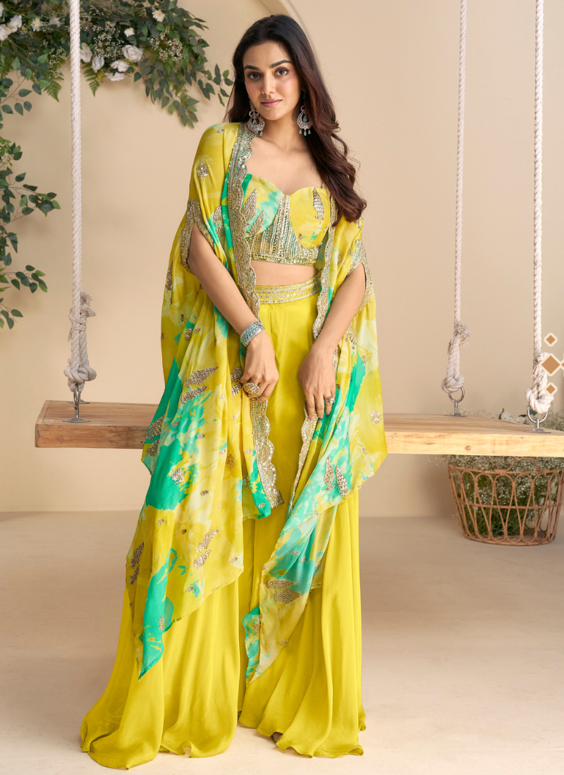 Cape Style Chinon Sharara Set with Embroidered Blouse & Printed Shrug