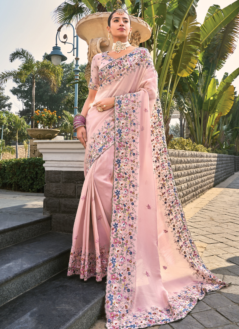 Pink Pure Silk Embroidered Saree with Matching Blouse-Moti, Jarkan, Thread Heavy Work
