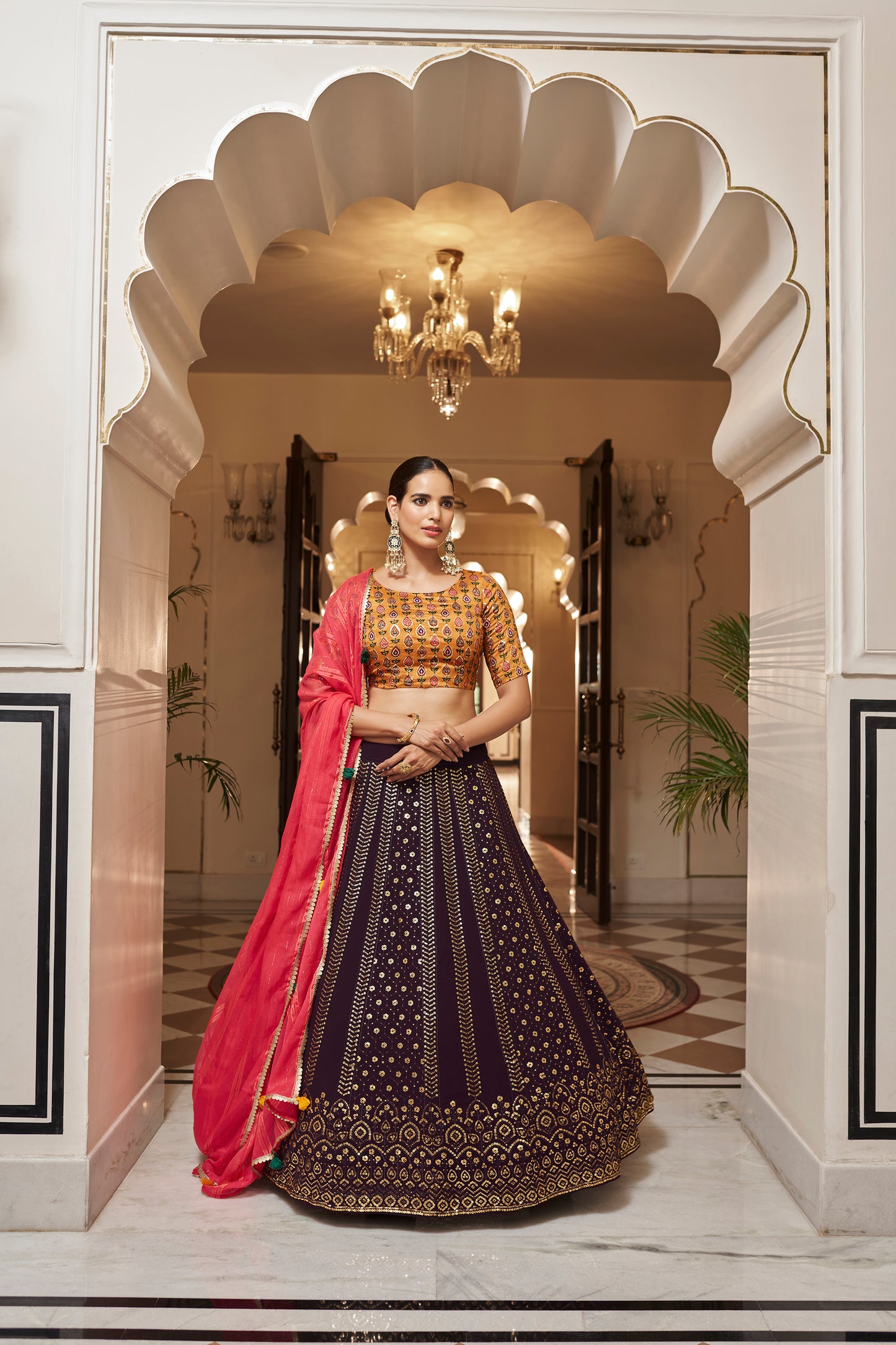 Purple Georgette Sequins Embroidery Work Lehenga Choli