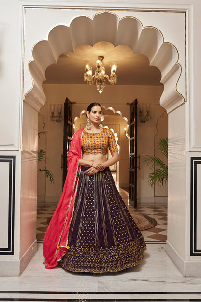 Purple Georgette Sequins Embroidery Work Lehenga Choli