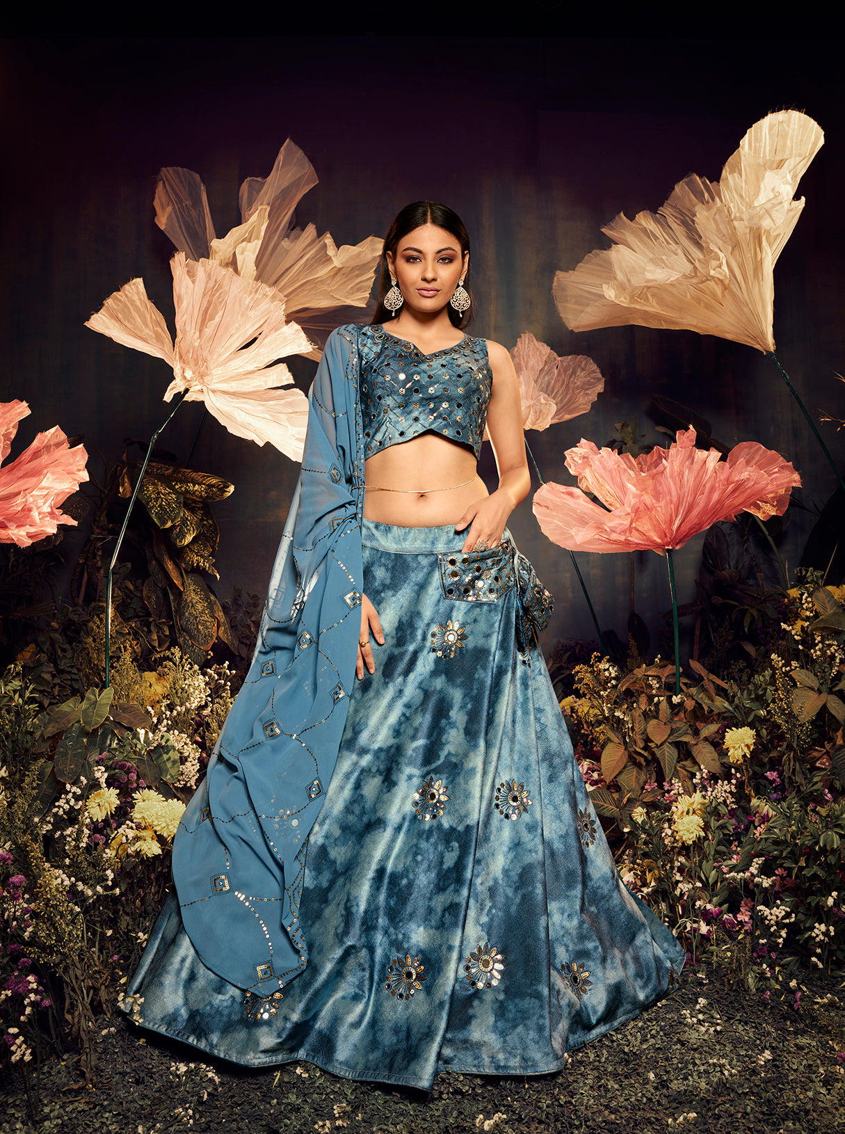 Blue Velvet Lehenga Choli features elegant sequin embroidery