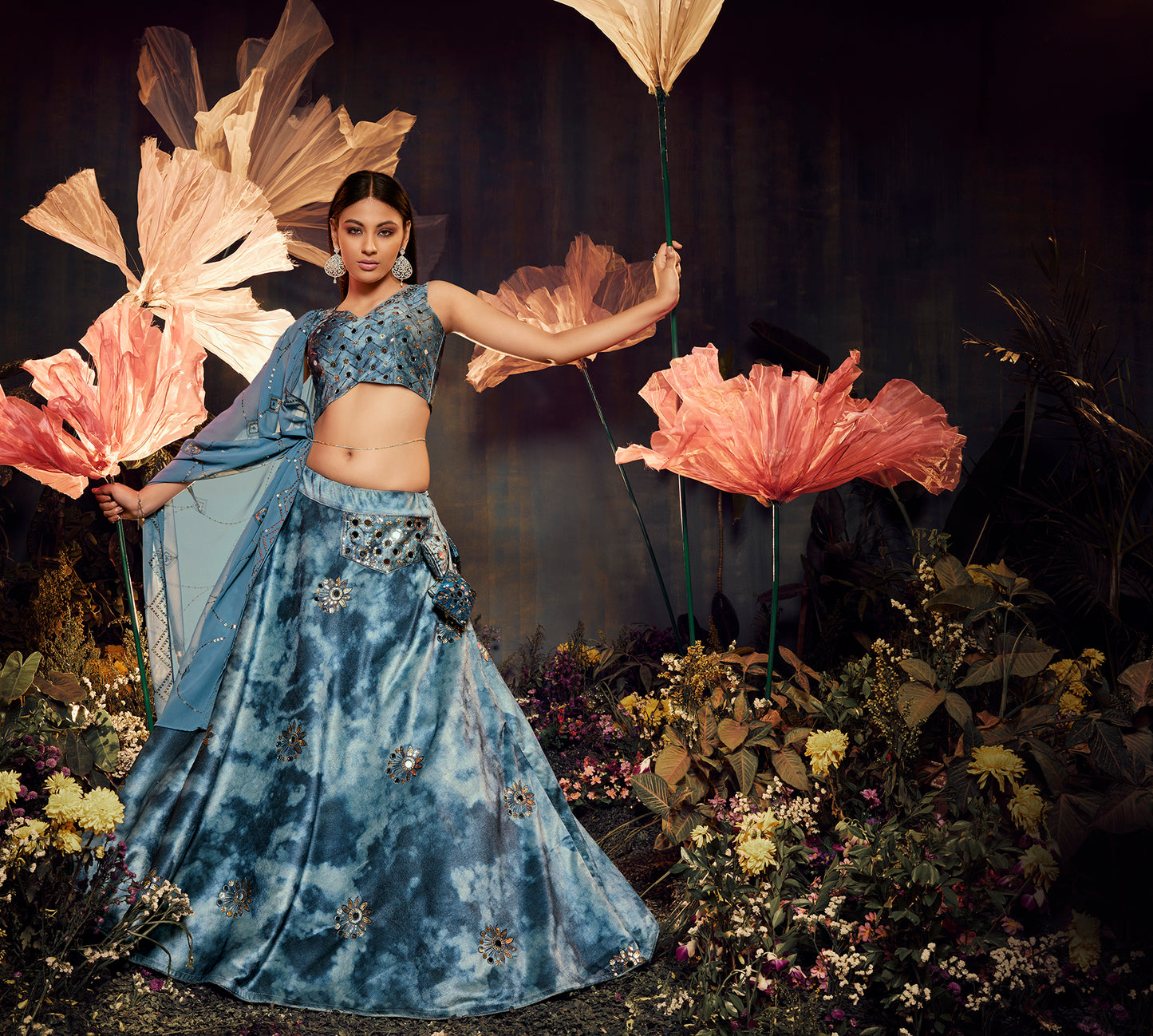 Blue Velvet Lehenga Choli features elegant sequin embroidery