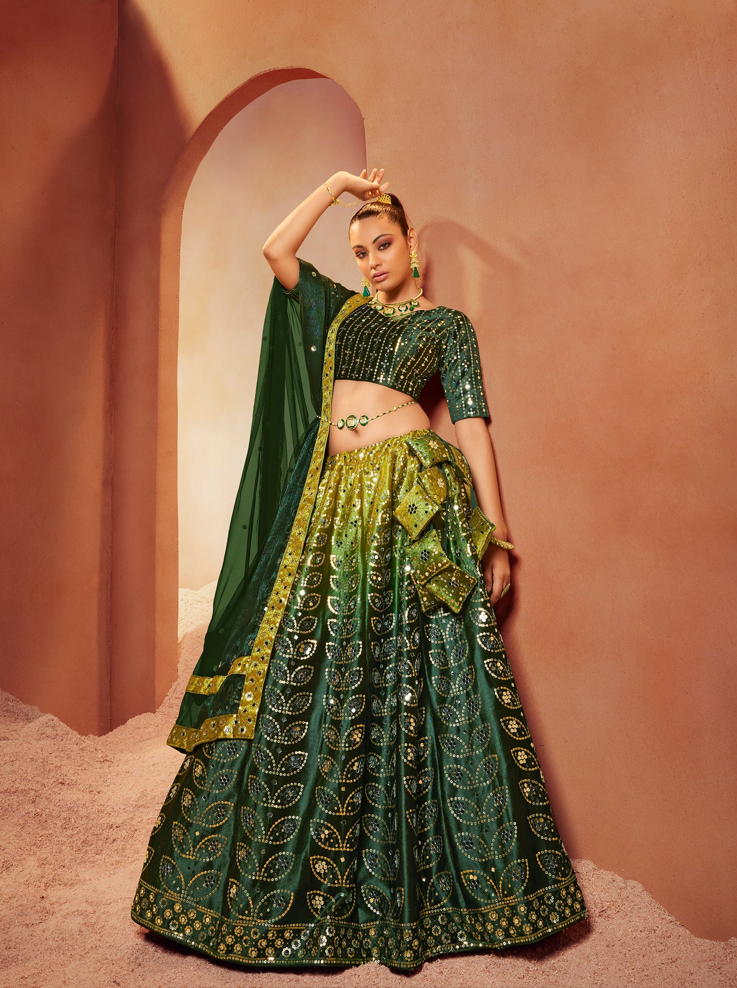 Green Mirror Work Lehenga Choli showcases mirror embroidery on velvet