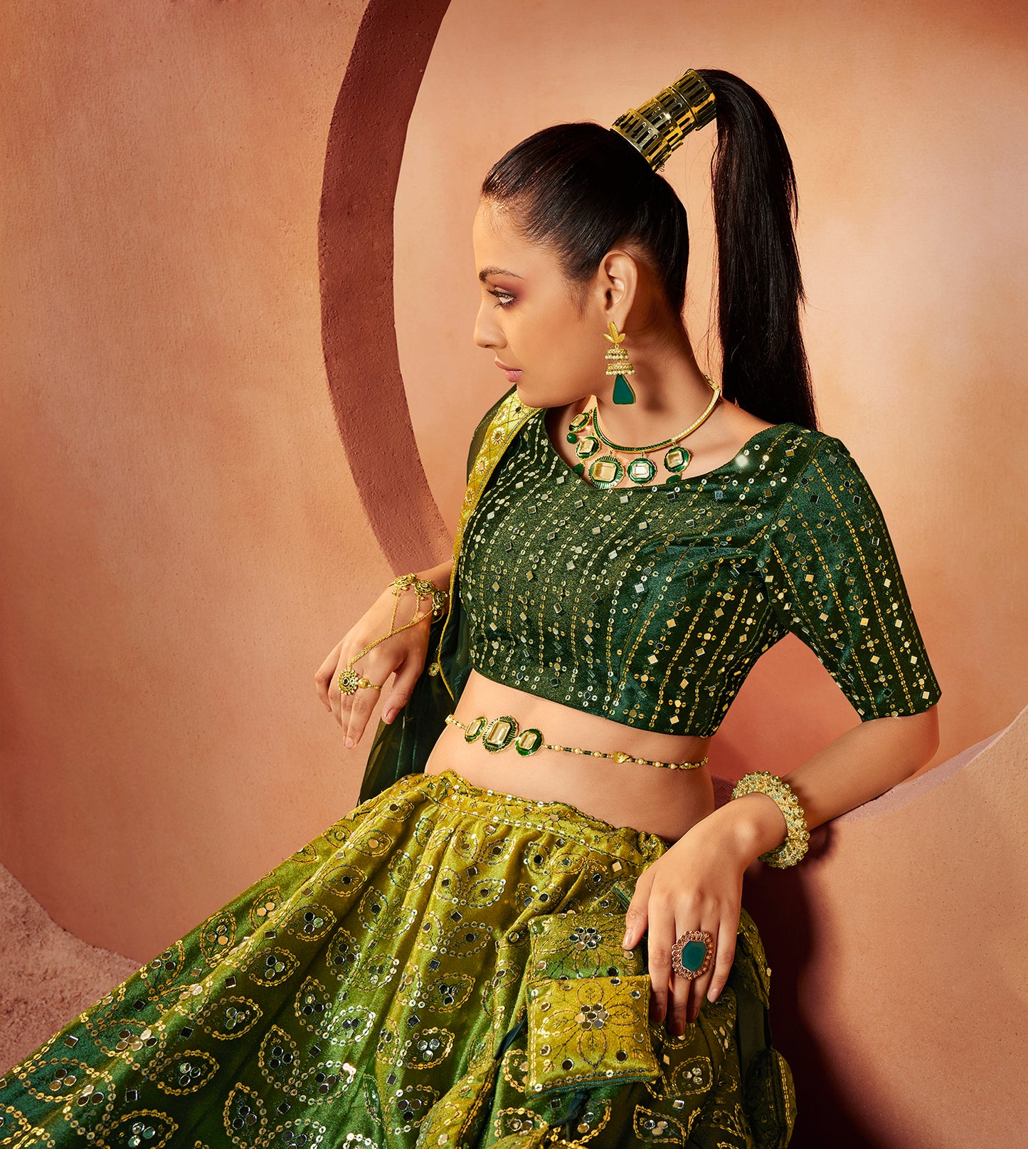 Green Mirror Work Lehenga Choli showcases mirror embroidery on velvet