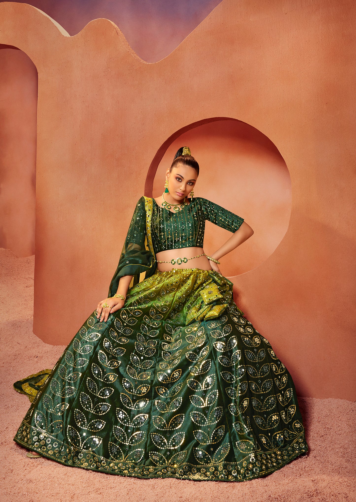 Green Mirror Work Lehenga Choli showcases mirror embroidery on velvet