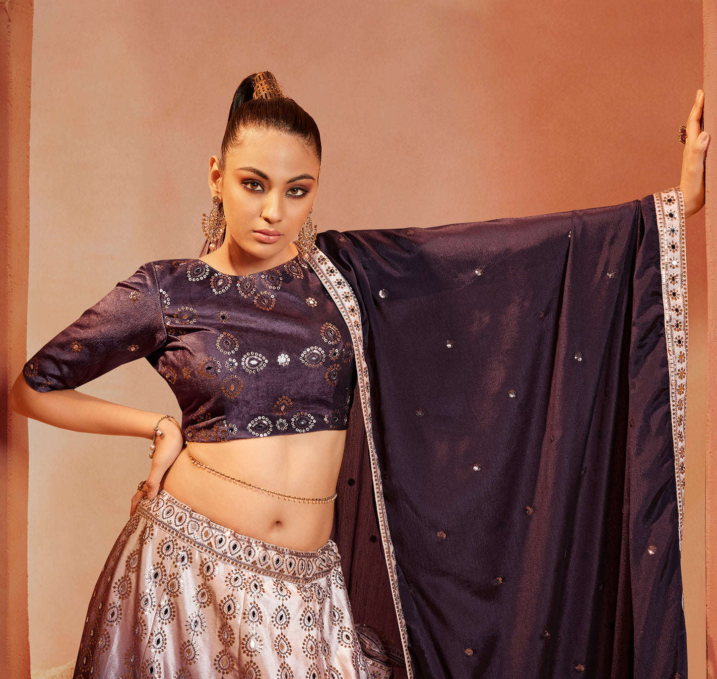 Purple Mirror Work Lehenga Choli showcases mirror embroidery on velvet