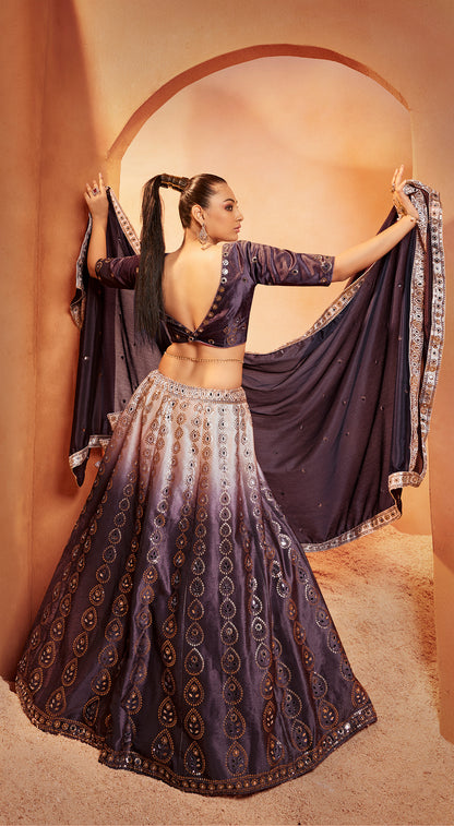 Purple Mirror Work Lehenga Choli showcases mirror embroidery on velvet