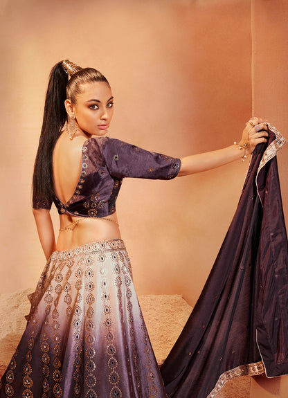 Purple Mirror Work Lehenga Choli showcases mirror embroidery on velvet