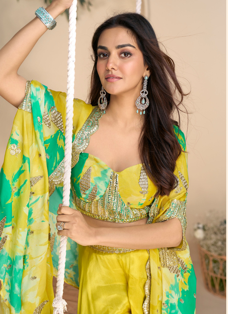 Cape Style Chinon Sharara Set with Embroidered Blouse & Printed Shrug