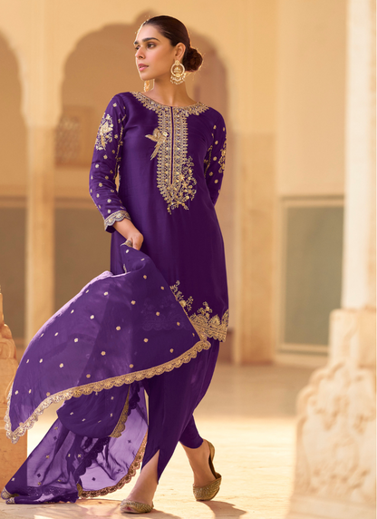 Royal Purple Premium Soft Crepe Silk Dhoti Suit with Embroidered Organza Dupatta for Pakistani Wedding and Indian Festival