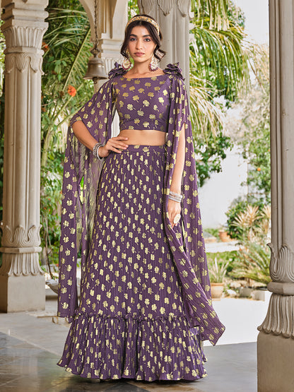 Party Wear Light Purple Gerogette Foil Printed Lehenga Choli with Dupatta