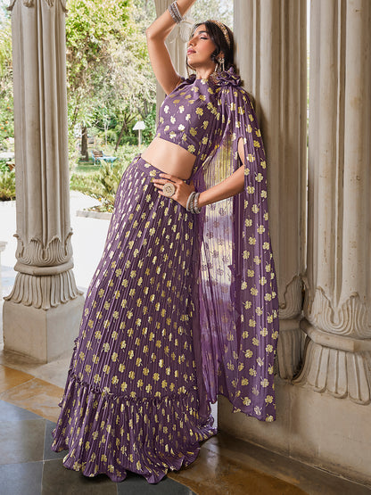 Party Wear Light Purple Gerogette Foil Printed Lehenga Choli with Dupatta