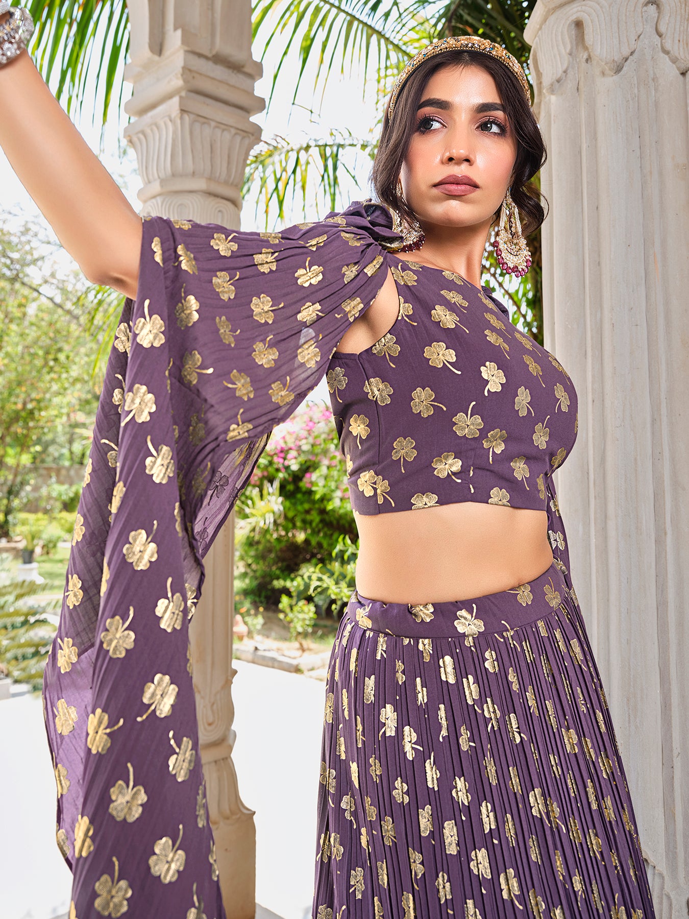 Party Wear Light Purple Gerogette Foil Printed Lehenga Choli with Dupatta